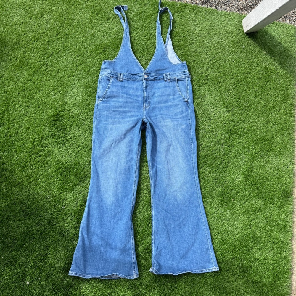 American Eagle Womens 24 Long Flare Overalls Super Stretch Denim Jumpsuit